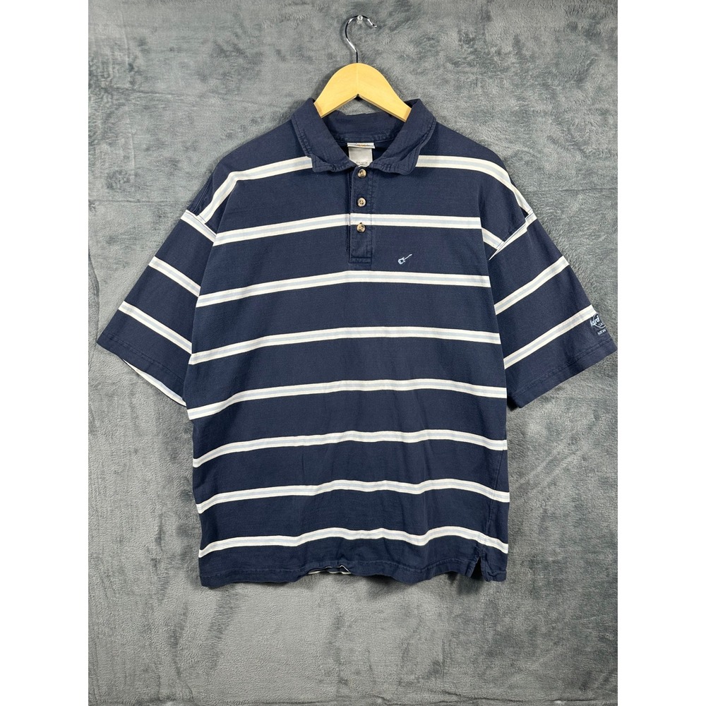 Hard Rock Cafe New York Mens XL Polo Shirt Navy Blue Striped Cotton Short Sleeve